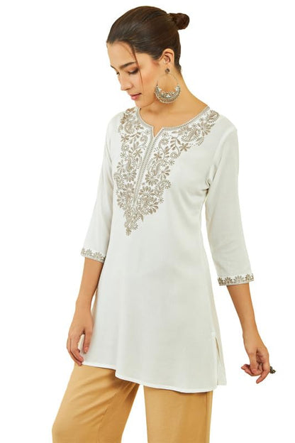 Soch Womens Off White Rayon Paisley Embroidered A-Line Tunic with Vented Hemline