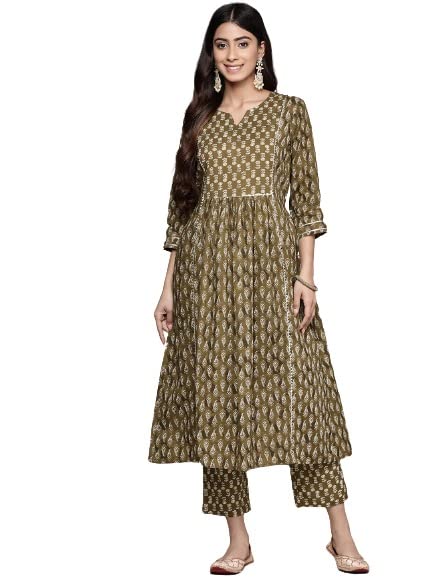 anubhutee Women's Cotton Green Gota Patti work Floral Printed A-Line Kurta Suit Set with Pants