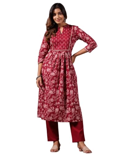 anubhutee Women's Red Floral Print A-Line Kurta with Trousers