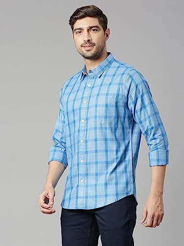 Thomas Scott Mens Checkered Slim Fit 100% Cotton Casual Shirt with Spread Collar and Long Sleeve Royal Blue