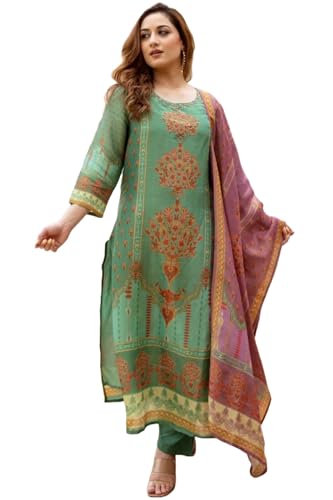 Anni Designer WomenS Rayon Viscose Straight Printed Kurta With Pant & Dupatta (Champika Pista_M_Green_Medium)