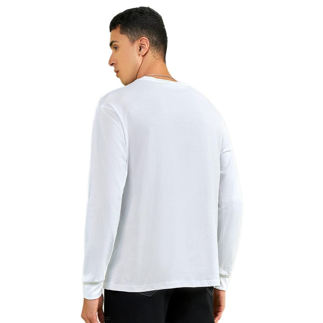 Bewakoof Mens Batman Outline Logo (BML) Graphic Print White Round Neck Long Sleeve Oversized Fit T-Shirt