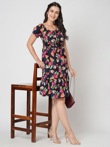 Selvia Western Dress For Women|Crepe Dress For Women|Fit & Flare Dress|Floral Printed Dress For Women|One Piece Dress For Women