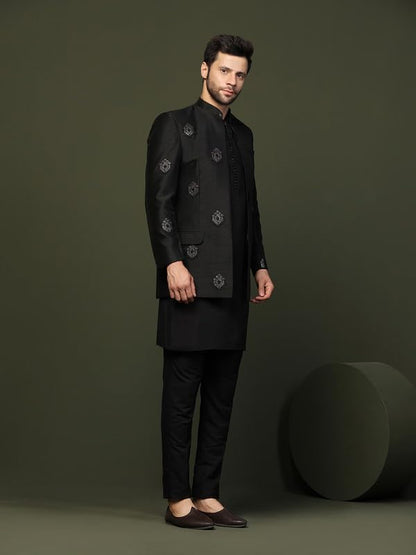 Kisah MenS Mid Kurta Jodhpuri Bandhgala-Blazer Trouser Set, Black Cotton Blend, Embellished Regular Fit Mandarin Collar Long Sl