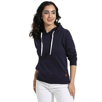 Campus Sutra Womens Navy Blue Pullover Hoodie with Kangaroo Pockets for Casual Wear | Hood Neck | Long Sleeve | Drawstring Clos