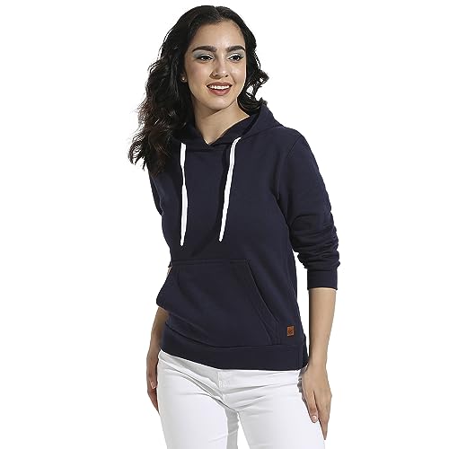 Campus Sutra Womens Navy Blue Pullover Hoodie with Kangaroo Pockets for Casual Wear | Hood Neck | Long Sleeve | Drawstring Clos