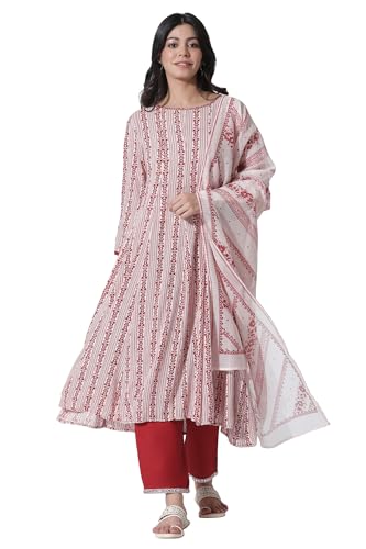 W for Woman White & Red Printed Flared Kurta, Cotton Pants with Dupatta Set