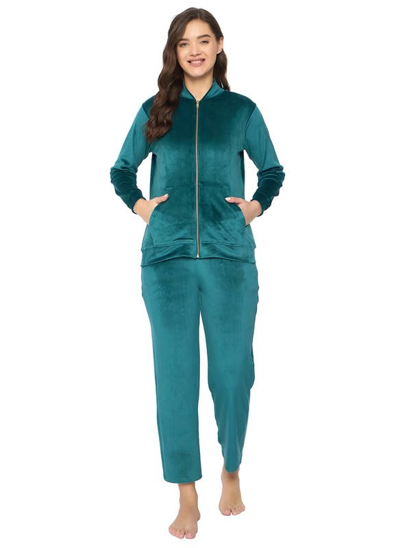 Clovia Womens Chic Basic Jacket & Pyjama Set - Velour (LSW731P17_Green_XL)