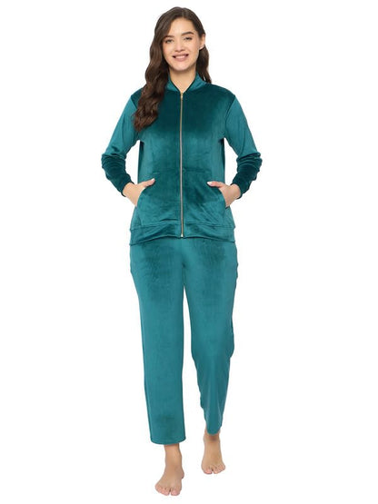 Clovia Womens Chic Basic Jacket & Pyjama Set - Velour (LSW731P17_Green_XL)