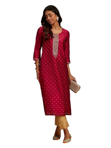 Libas Fuchsia Woven Design Chanderi Silk Straight Kurta