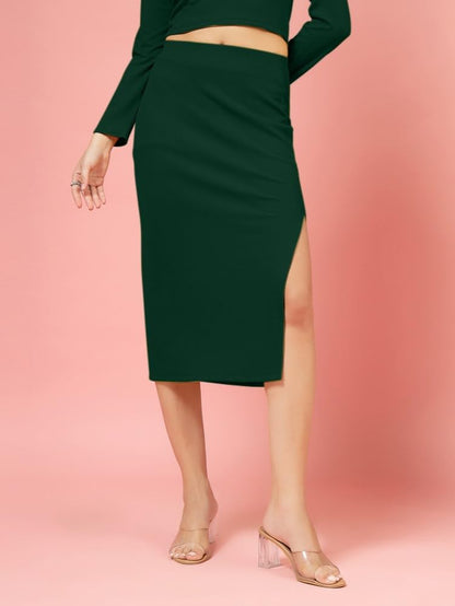 OOMPH! Ribbed Lycra Pencil Skirt with Side Slit for Women Green - msk125