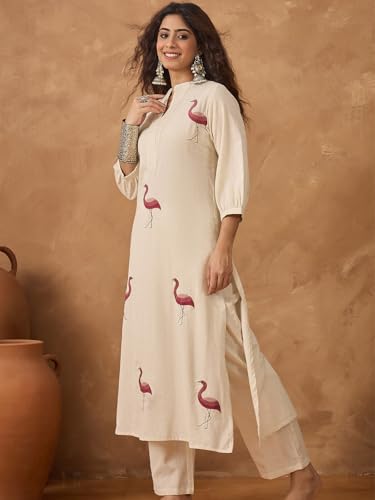 Varanga Flamingo Embroidered Kurta Paired with Solid Trousers White