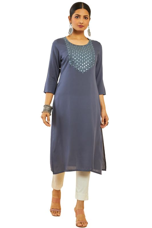 Soch Womens Dark Grey Rayon Floral Embroidered Round-Neck Straight Kurta