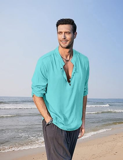 ROYALSCOUT Mens Solid Cotton Blend Straight Kurta Shirt | Regular Fit Full Sleeve Short Kurta Turquoise