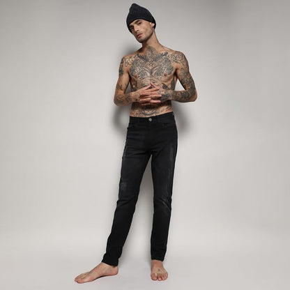 Campus Sutra Mens Black Minimal Distressed Denim Jeans for Casual Wear | Dark-Wash | Regular Fit | Button Closure | Cotton Deni