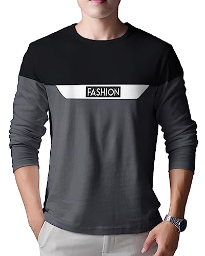 EYEBOGLER Mens Round Neck Regular Fit Colorblocked Full Sleeves T-Shirt