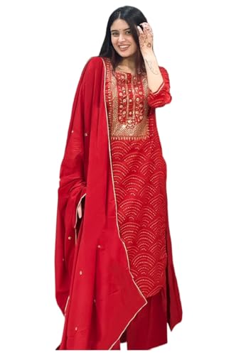 ANNI Designer Womens Rayon Viscose Bandhej Printed Straight Kurta with Sharara & Dupatta (LAKHI RED_XXL_Red_XX-Large)