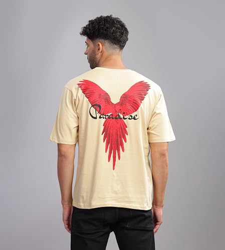 KYDA Mens 100% Pure Cotton Relaxed Fit Drop Shoulder Premium Front & Back Printed Cream Oversized T-Shirt for Summer