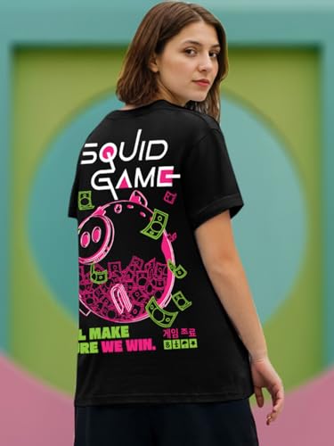 Bewakoof Official Squid Game Merchandise Womens Graphic Print Boyfriend Fit Half Sleeve Round Neck Cotton T-Shirt_683829_Black_