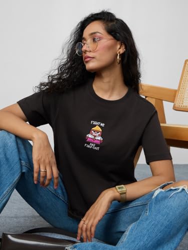 The Souled Store Inside Out: Fight Me Women and Girls Short Sleeves Round Neck Brown Embroidered Cotton Relaxed Fit T-Shirts