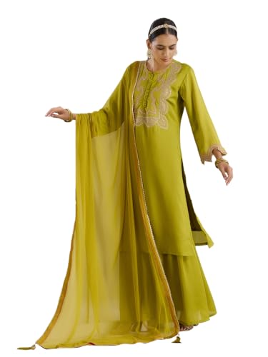 Ishin Gold Zari Detail Embroidered Straight Festive Kurta With Sharara And Dupata