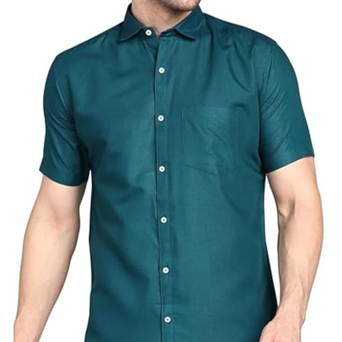 Mildin MenS Regular Cotton Blend Dark Blue Slim Fit Solid Button Down Spread Collar Half Sleeve Curved Hemline Formal Shirt Wit