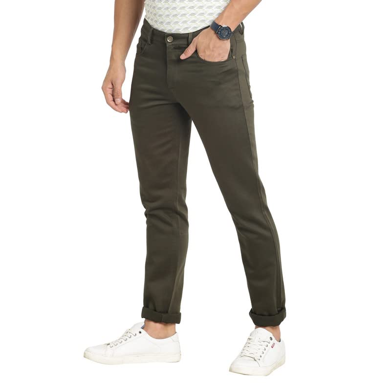 Turtle Men Cotton Olive Narrow Fit Solid Stretchable Jeans