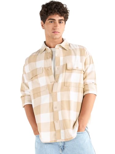 Bewakoof Mens Checked Oversized Fit Full Sleeve Collar Cotton Shirt_651169_Beige_L
