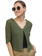 Style Quotient Women Self Design Olive Cotton lace Regular Smart Casual Shrug