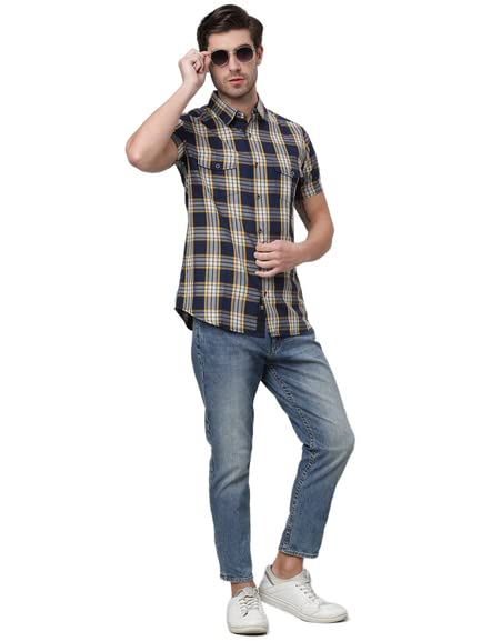 Thomas Scott Mens Checkered Slim Fit 100% Cotton Casual Shirt with Half Sleeve Indigo