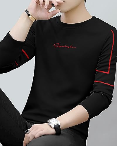 EYEBOGLER Mens Cotton Blend Round Neck Full Sleeve Printed Tshirt Black Red