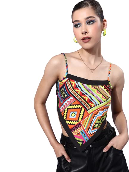 Style Quotient Yellow Green Geometric Print Crepe Scarf Crop Top