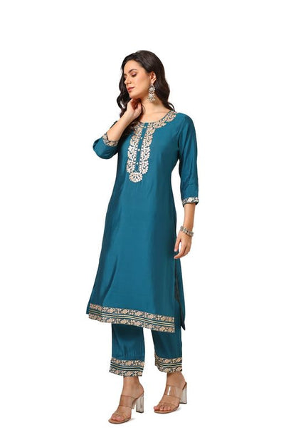 Soch Womens Teal Green Muslin Blend Embroidered Kurta Set With Gotta Patti