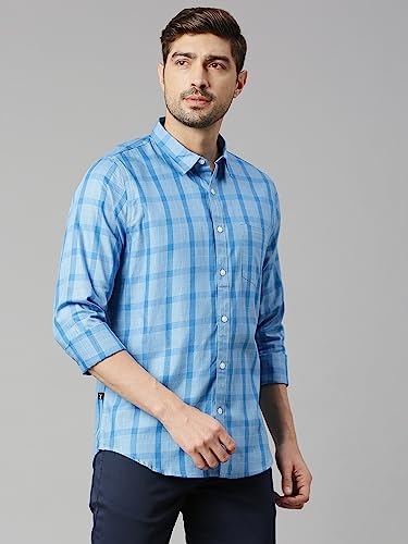 Thomas Scott Mens Checkered Slim Fit 100% Cotton Casual Shirt with Spread Collar and Long Sleeve Royal Blue