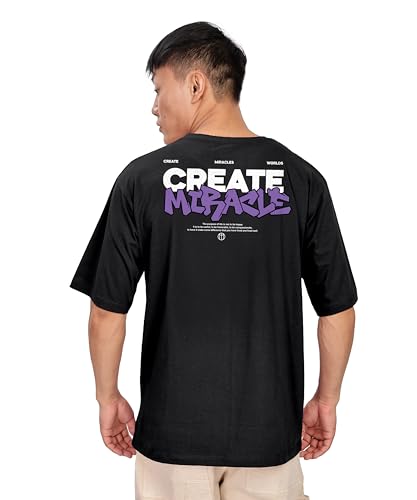 KYDA Mens Oversized 100% Cotton Round Neck Front and Back Printed Tshirt (Pack of 1) Black