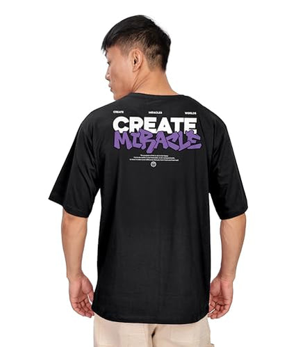 KYDA Mens Oversized 100% Cotton Round Neck Front and Back Printed Tshirt (Pack of 1) Black