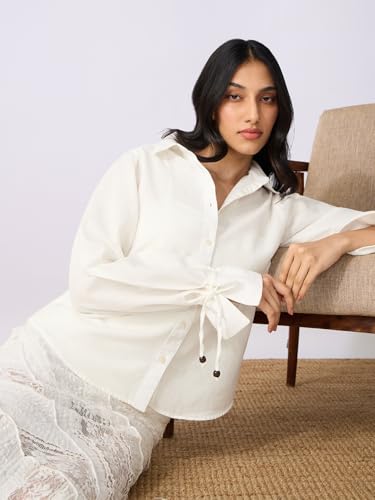 The Souled Store Cotton Linen: Ivory Women and Girls Long Sleeves Collared Neck Button Front Solid Regular Fit Cotton Linen Shir