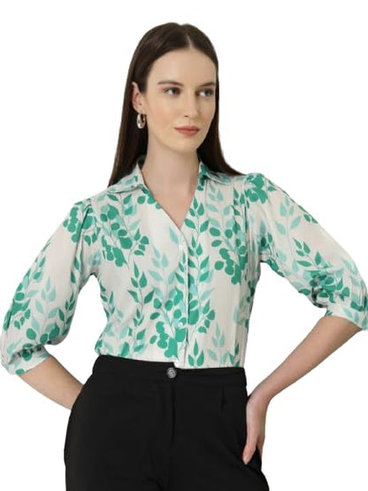 Style Quotient Women White and Green Floral Printed Polycrepe Regular Fit Formal Shirt