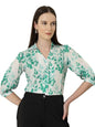 Style Quotient Women White and Green Floral Printed Polycrepe Regular Fit Formal Shirt