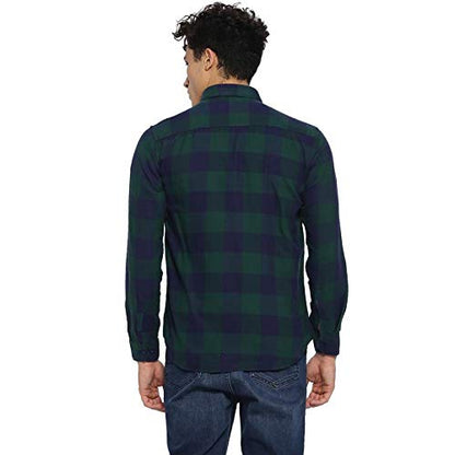 Campus Sutra Mens Green and Blue Checkered Button Up Shirt Regular Fit for Casual Wear | Structured Shirt Crafted with Regular