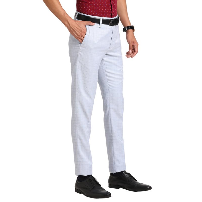 Turtle Men Poly Viscose Light Blue Checkered Ultra Slim Fit Flat Front Formal Trouser