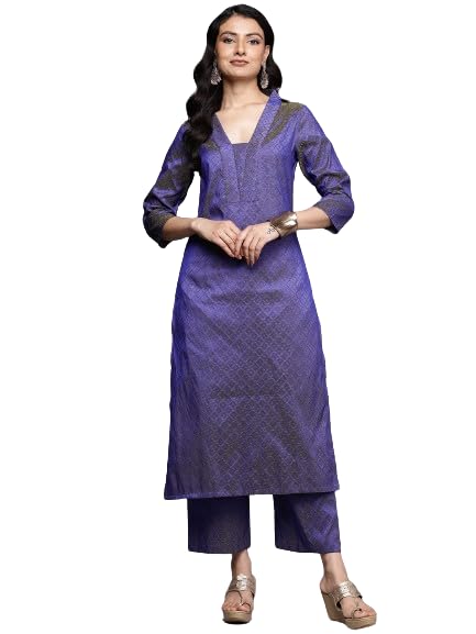 Varanga WomenS Blue Jacquard V Neck Kurta With Bottom And Dupatta