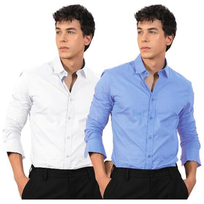 Pinkmint Mens Regular Fit Soft Cotton Blend Casual Combo Shirt with Pocket Design & Spread Collar Full Sleeves Formal Shirt Whi