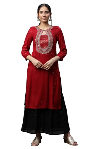 Red Metallic Embroidered Ethnic Kurta