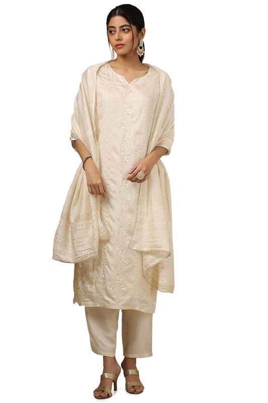 Soch Womens Off White Viscose Embroidered Suit Set With Sequins