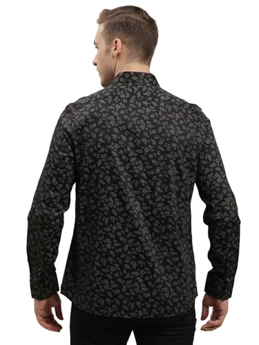 Turtle Men Cotton Tencel Slim Fit Printed Black Party Shirt