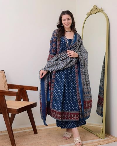 ANNI DESIGNER Women's Pure Cotton Anarkali Kurta Set for Women with Dupatta & Plazzo ?Hand Block Print Suit Set | Stylish Dress | Cotton Kurta Set for Women