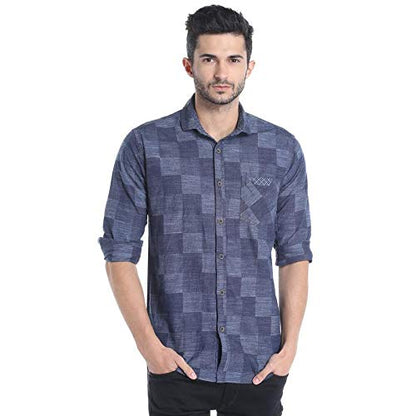Campus Sutra Mens Indigo Blue Checkered Button Up Shirt Regular Fit for Casual Wear | Structured Shirt Crafted with Regular Ful
