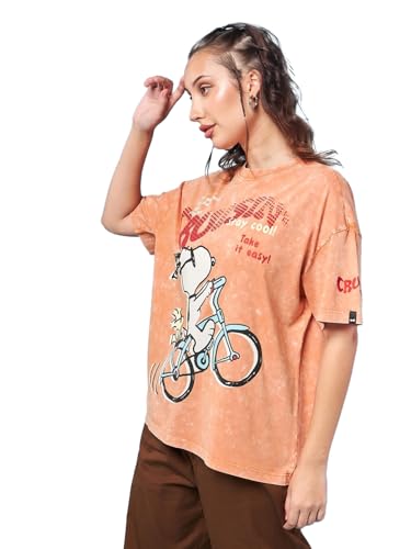 Bewakoof Official Peanuts Merchandise Womens Graphic Printed Oversized Fit Half Sleeve Round Neck Cotton Acid Wash T-Shirt_6337