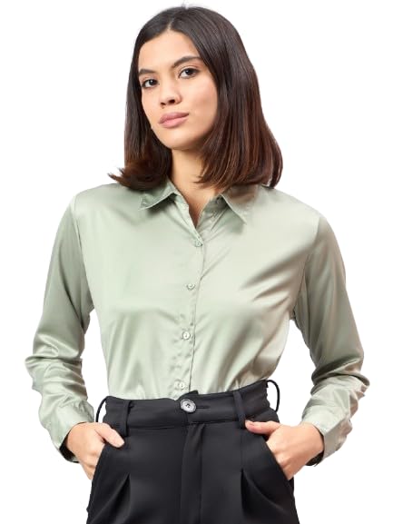 Style Quotient Women Sage Green Satin Regular Formal Shirt
